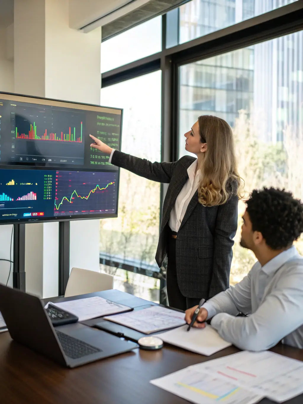 A business owner confidently presenting their business plan to potential investors, showcasing growth projections and market opportunities.