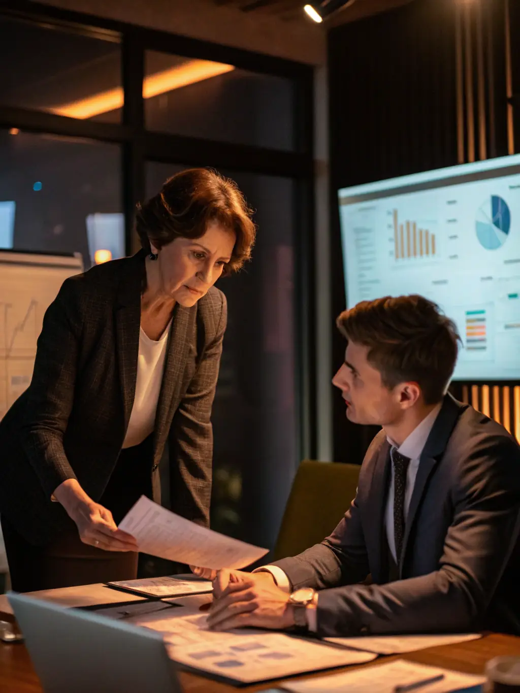 A professional business coach in a modern office setting, guiding a client through a strategic planning session, with a focus on growth and innovation.