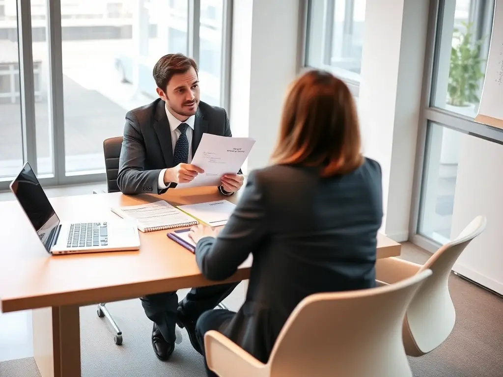 A professional coach engaging with a client in a modern office setting, discussing strategies and growth plans, representing One-on-One Business Coaching.