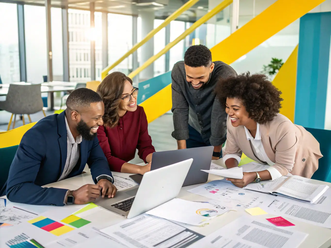 A diverse team of business professionals collaborating in a modern office, brainstorming ideas and strategies for business growth.